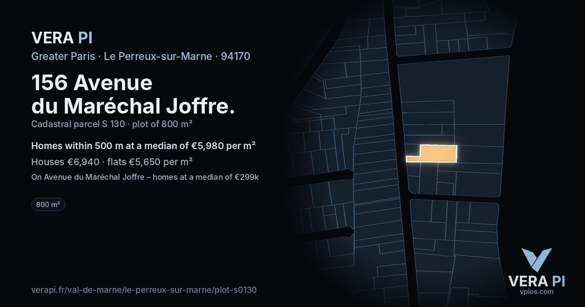 156 Avenue du Maréchal Joffre, Le Perreux-sur-Marne at night – the plot lit, the parcels around coloured by the prices near them