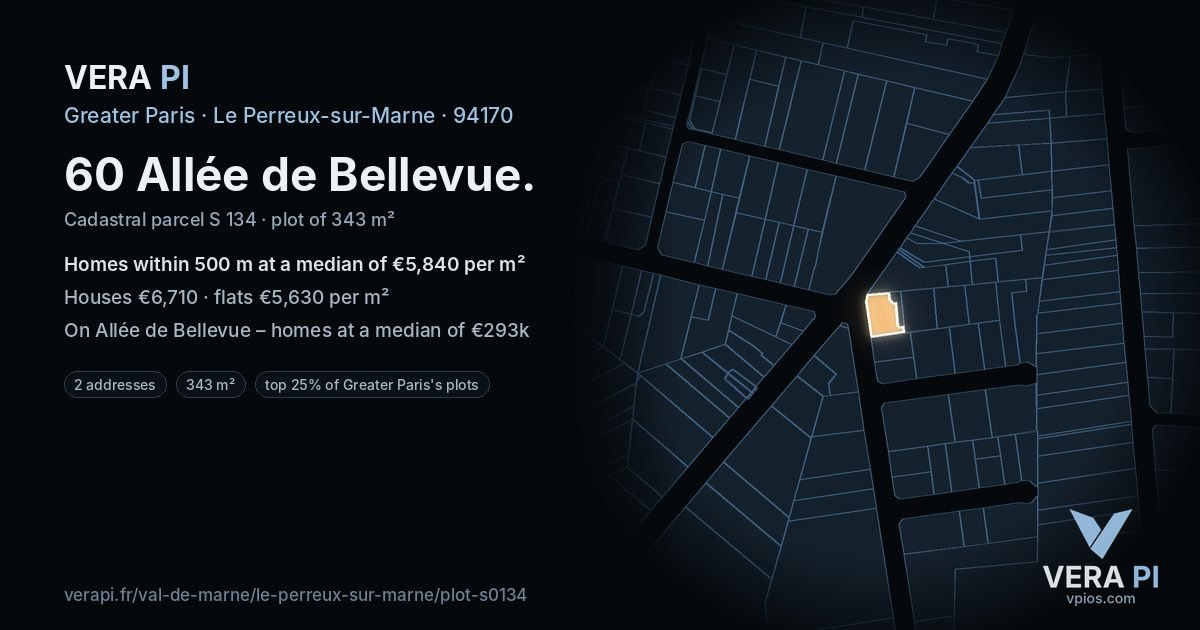 60 Allée de Bellevue, Le Perreux-sur-Marne at night – the plot lit, the parcels around coloured by the prices near them