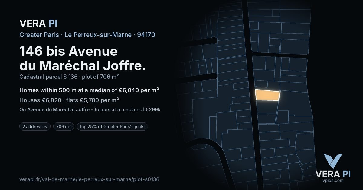 146 bis Avenue du Maréchal Joffre, Le Perreux-sur-Marne at night – the plot lit, the parcels around coloured by the prices near them