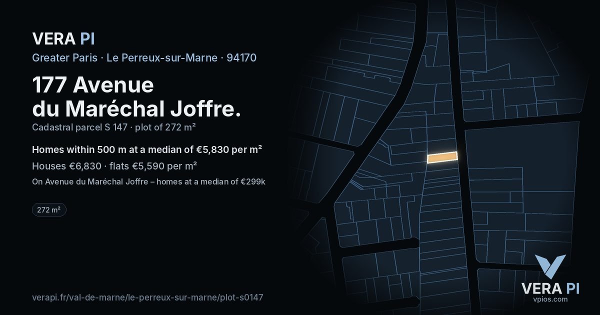177 Avenue du Maréchal Joffre, Le Perreux-sur-Marne at night – the plot lit, the parcels around coloured by the prices near them