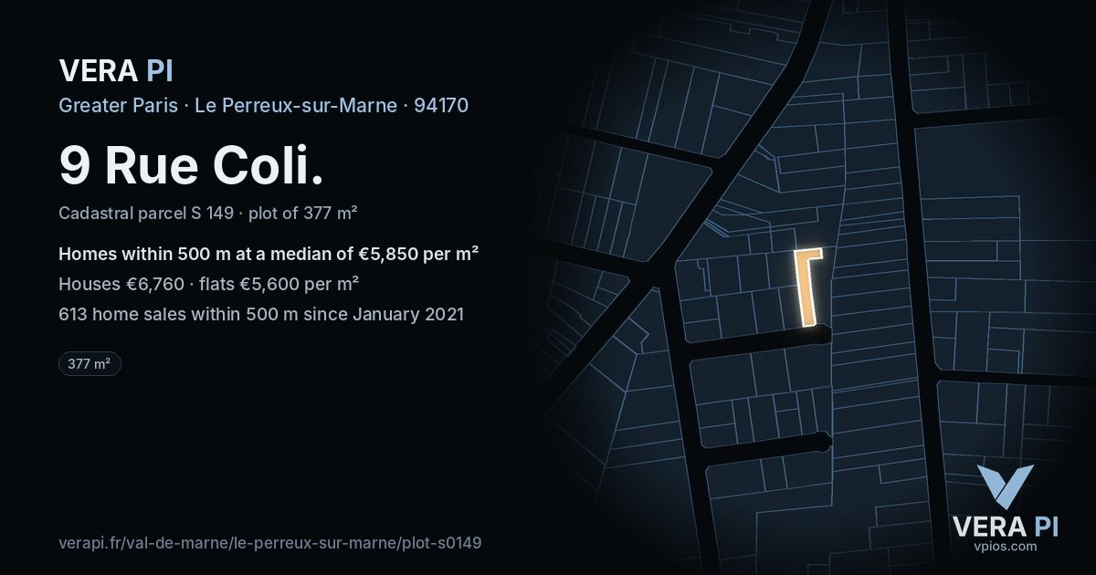 9 Rue Coli, Le Perreux-sur-Marne at night – the plot lit, the parcels around coloured by the prices near them