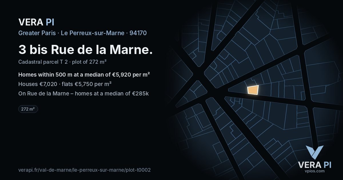 3 bis Rue de la Marne, Le Perreux-sur-Marne at night – the plot lit, the parcels around coloured by the prices near them