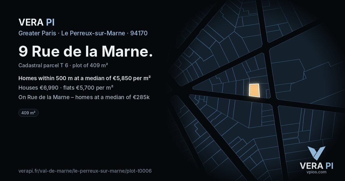 9 Rue de la Marne, Le Perreux-sur-Marne at night – the plot lit, the parcels around coloured by the prices near them