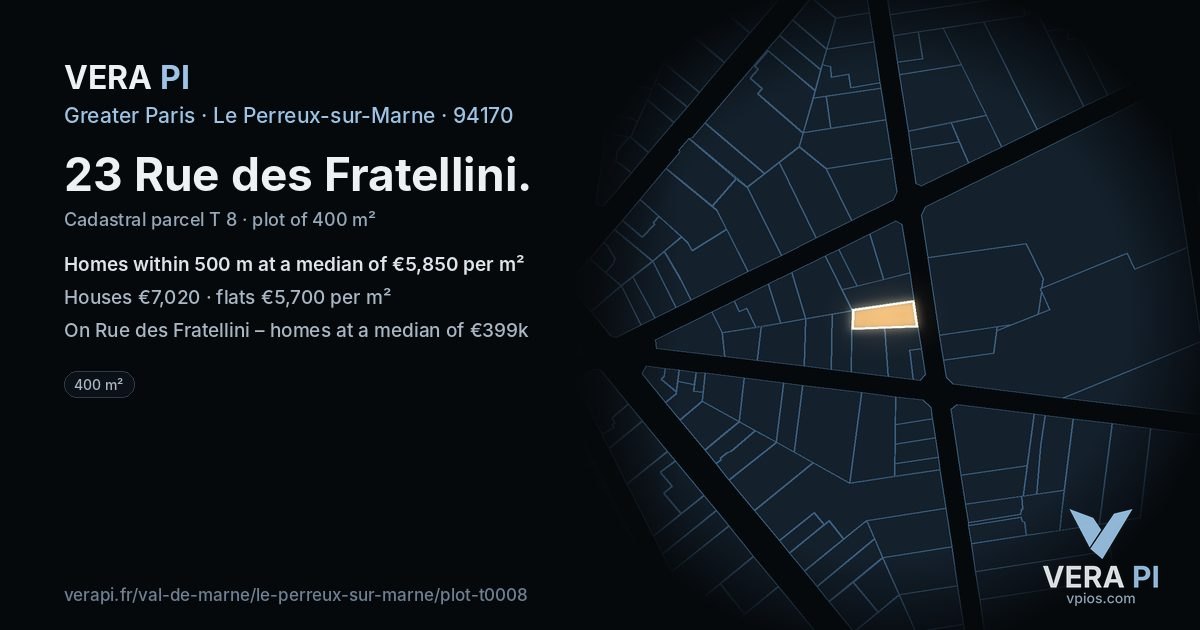 23 Rue des Fratellini, Le Perreux-sur-Marne at night – the plot lit, the parcels around coloured by the prices near them