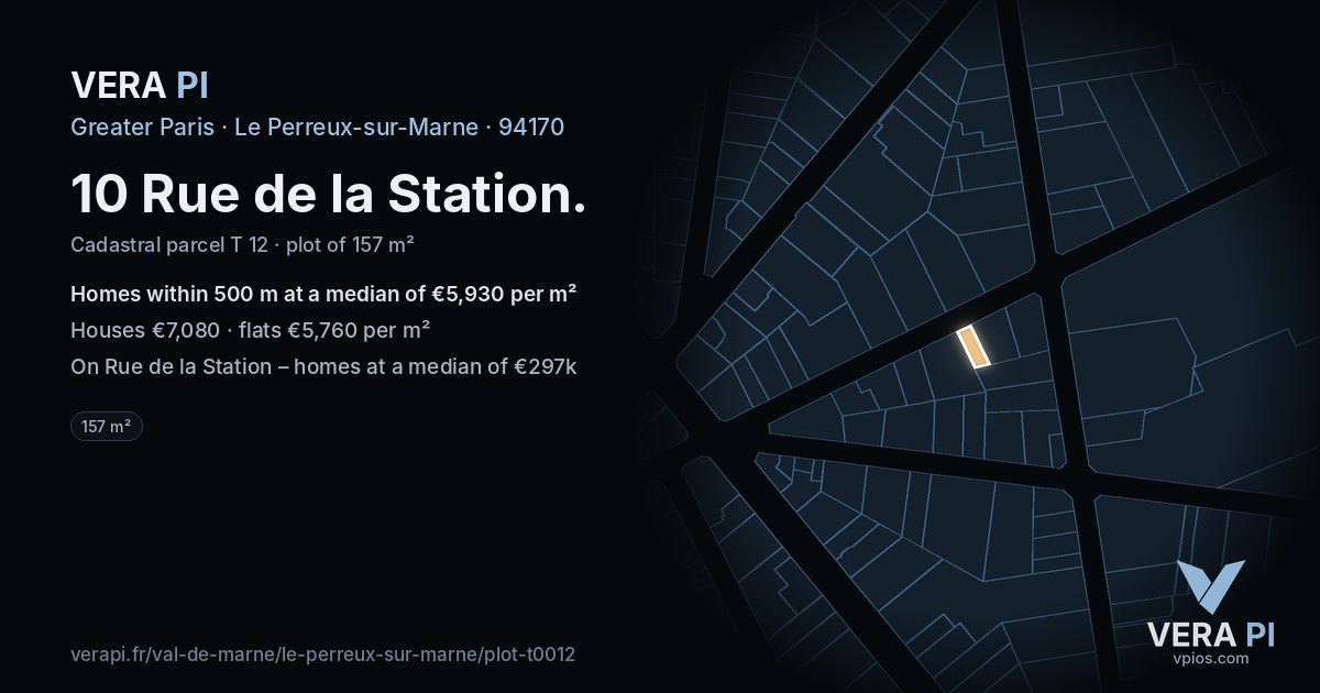 10 Rue de la Station, Le Perreux-sur-Marne at night – the plot lit, the parcels around coloured by the prices near them