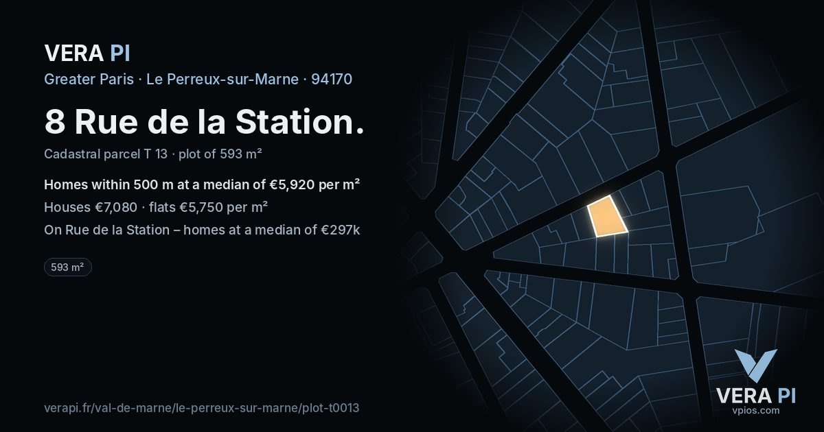 8 Rue de la Station, Le Perreux-sur-Marne at night – the plot lit, the parcels around coloured by the prices near them