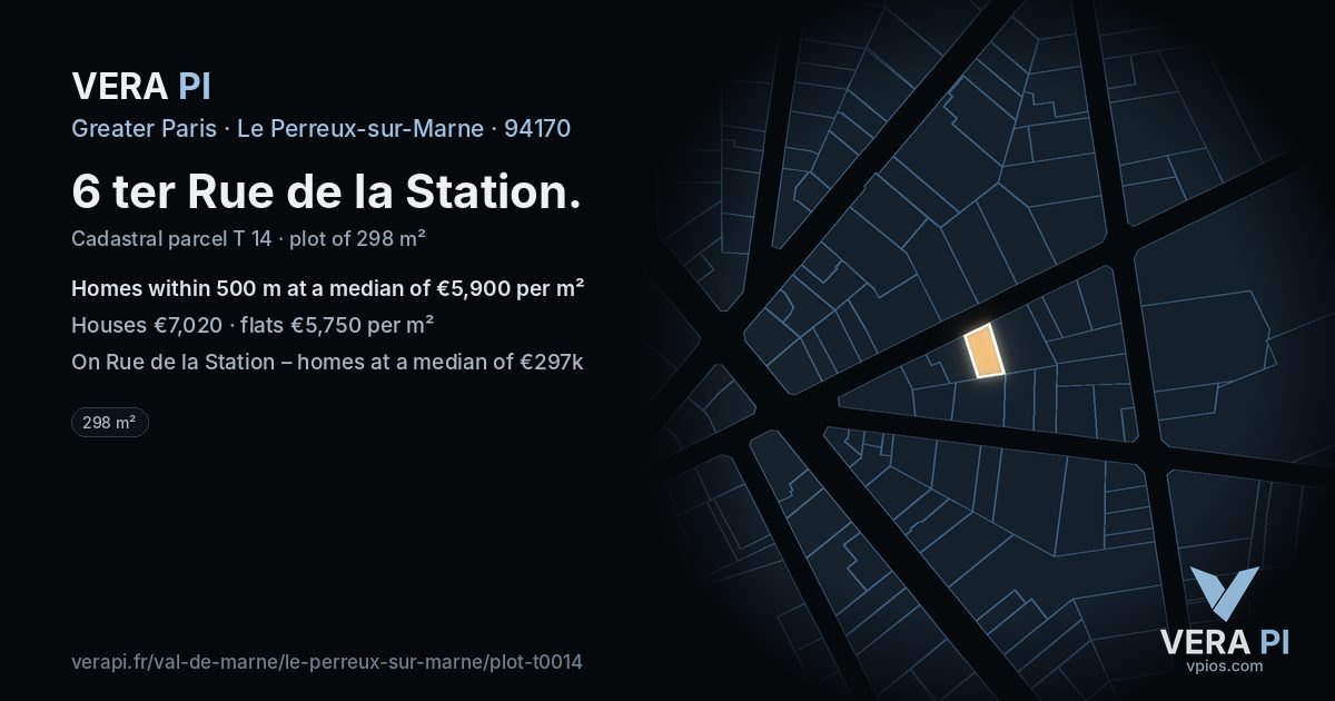 6 ter Rue de la Station, Le Perreux-sur-Marne at night – the plot lit, the parcels around coloured by the prices near them