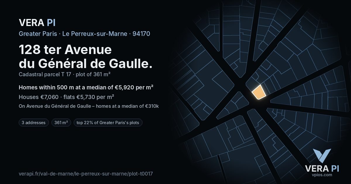 128 ter Avenue du Général de Gaulle, Le Perreux-sur-Marne at night – the plot lit, the parcels around coloured by the prices near them