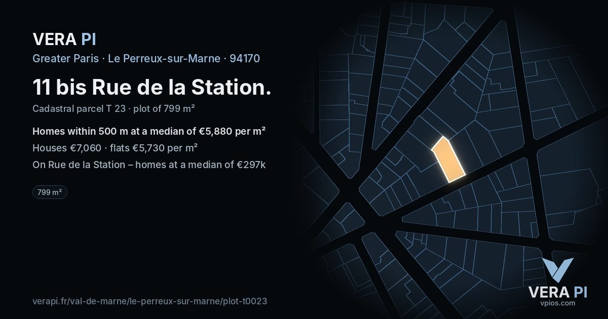 11 bis Rue de la Station, Le Perreux-sur-Marne at night – the plot lit, the parcels around coloured by the prices near them
