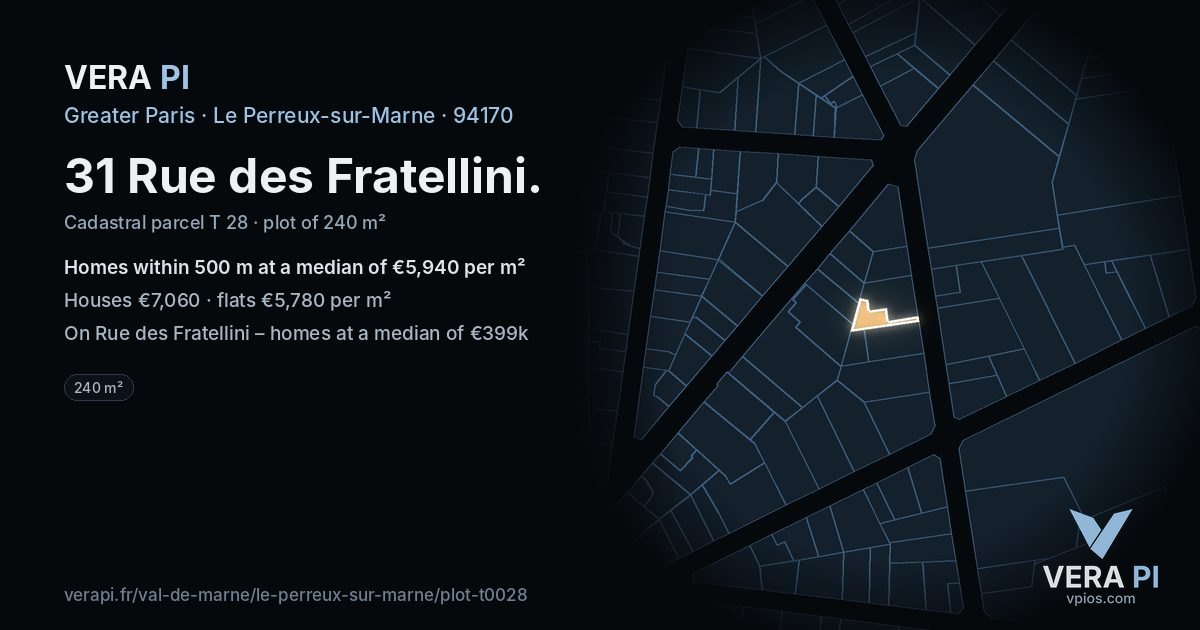 31 Rue des Fratellini, Le Perreux-sur-Marne at night – the plot lit, the parcels around coloured by the prices near them