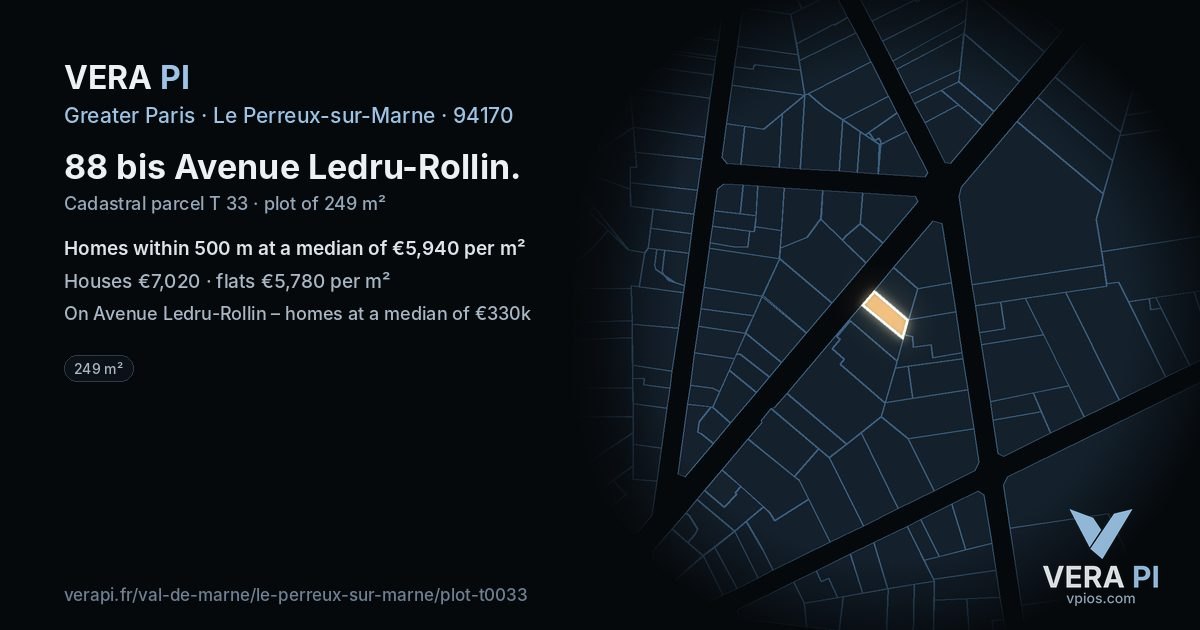 88 bis Avenue Ledru-Rollin, Le Perreux-sur-Marne at night – the plot lit, the parcels around coloured by the prices near them