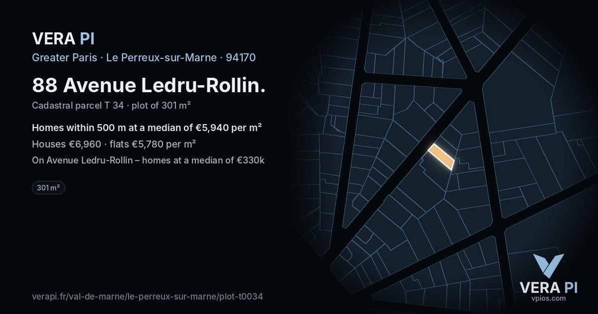 88 Avenue Ledru-Rollin, Le Perreux-sur-Marne at night – the plot lit, the parcels around coloured by the prices near them