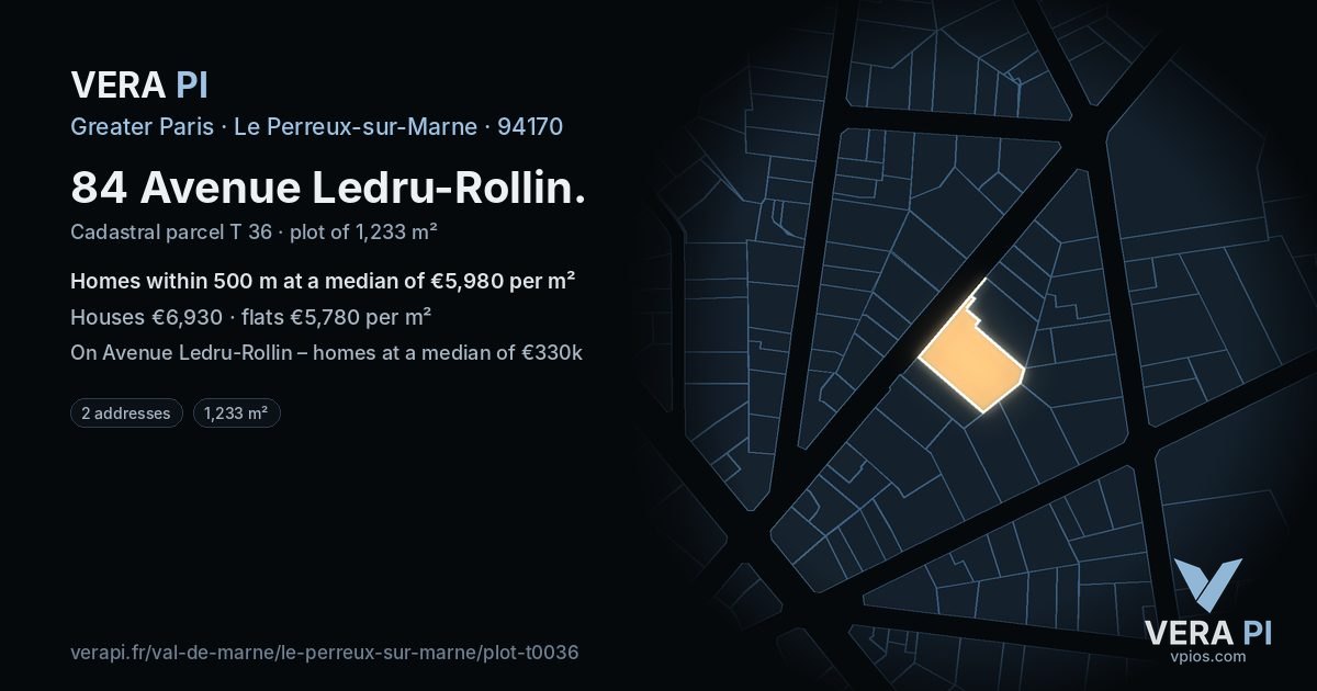 84 Avenue Ledru-Rollin, Le Perreux-sur-Marne at night – the plot lit, the parcels around coloured by the prices near them