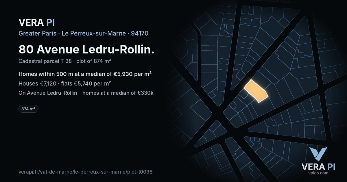 80 Avenue Ledru-Rollin, Le Perreux-sur-Marne at night – the plot lit, the parcels around coloured by the prices near them