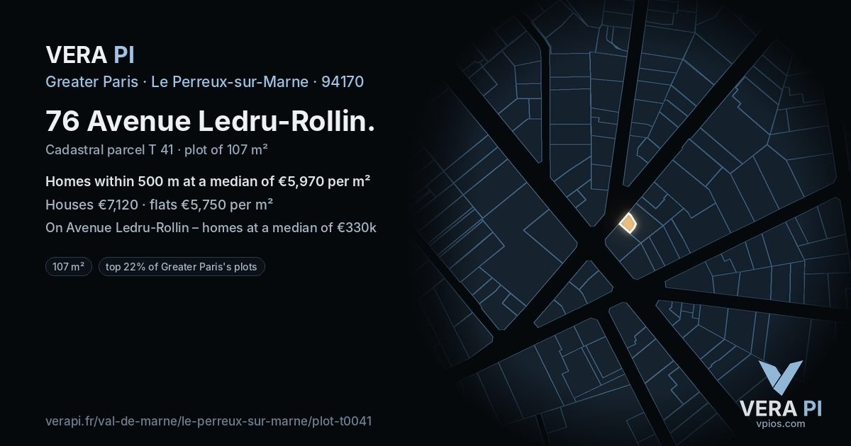 76 Avenue Ledru-Rollin, Le Perreux-sur-Marne at night – the plot lit, the parcels around coloured by the prices near them
