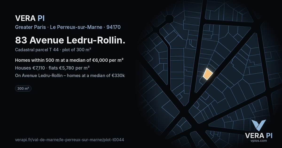 83 Avenue Ledru-Rollin, Le Perreux-sur-Marne at night – the plot lit, the parcels around coloured by the prices near them