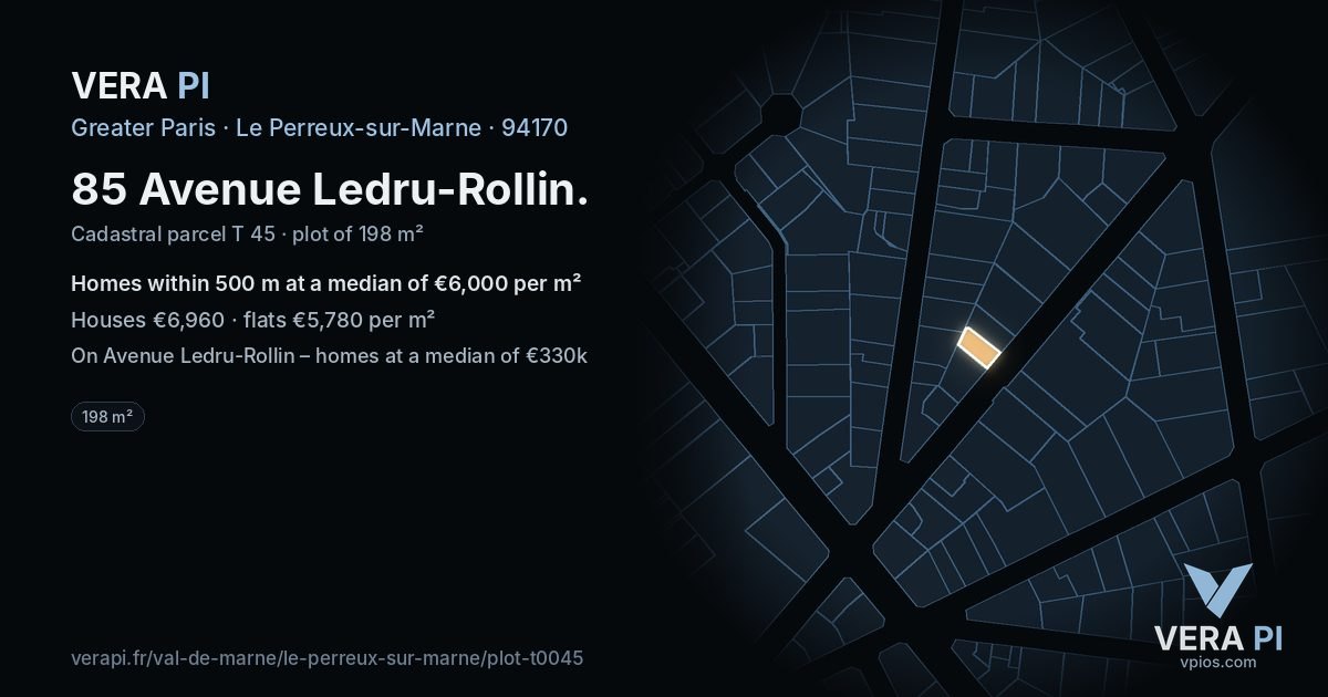 85 Avenue Ledru-Rollin, Le Perreux-sur-Marne at night – the plot lit, the parcels around coloured by the prices near them