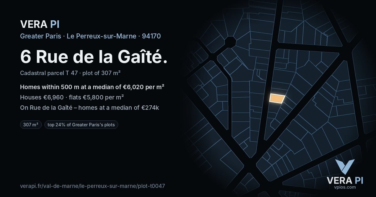 6 Rue de la Gaîté, Le Perreux-sur-Marne at night – the plot lit, the parcels around coloured by the prices near them