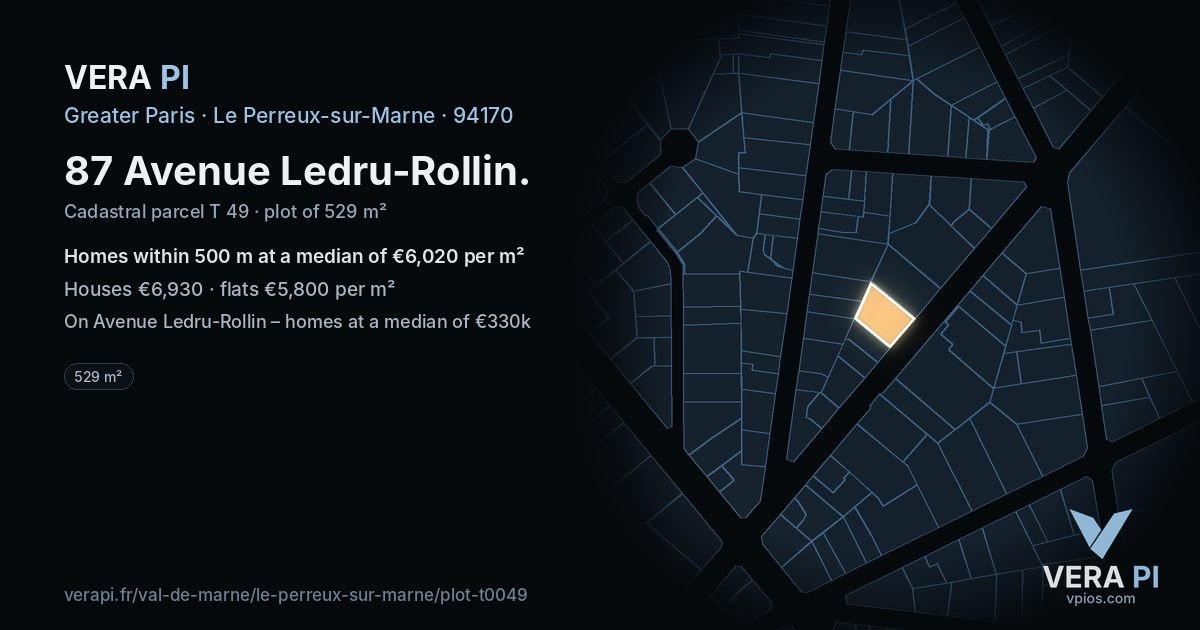 87 Avenue Ledru-Rollin, Le Perreux-sur-Marne at night – the plot lit, the parcels around coloured by the prices near them