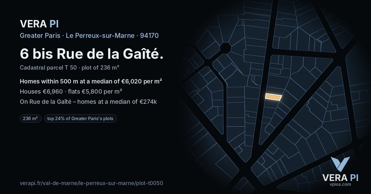 6 bis Rue de la Gaîté, Le Perreux-sur-Marne at night – the plot lit, the parcels around coloured by the prices near them