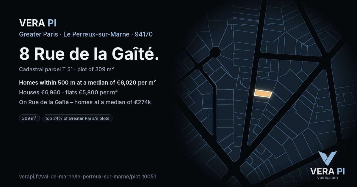 8 Rue de la Gaîté, Le Perreux-sur-Marne at night – the plot lit, the parcels around coloured by the prices near them