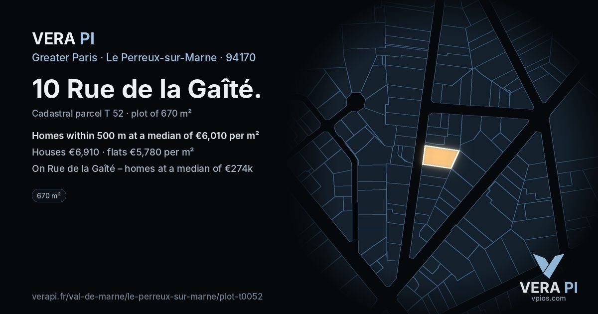 10 Rue de la Gaîté, Le Perreux-sur-Marne at night – the plot lit, the parcels around coloured by the prices near them