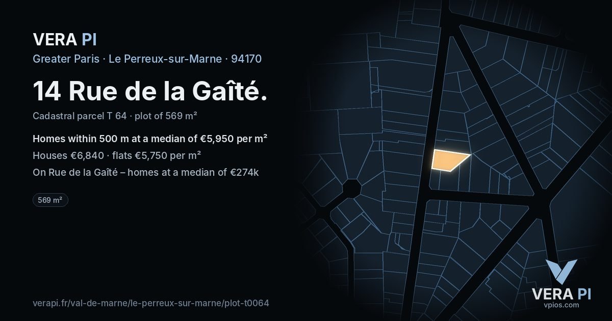 14 Rue de la Gaîté, Le Perreux-sur-Marne at night – the plot lit, the parcels around coloured by the prices near them