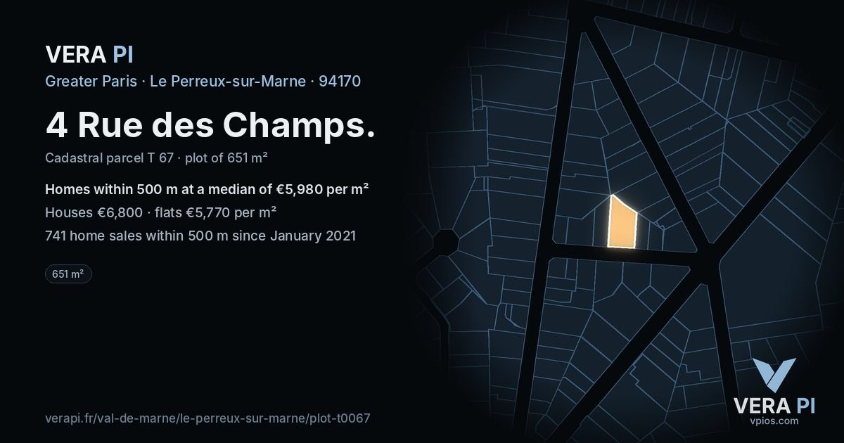 4 Rue des Champs, Le Perreux-sur-Marne at night – the plot lit, the parcels around coloured by the prices near them