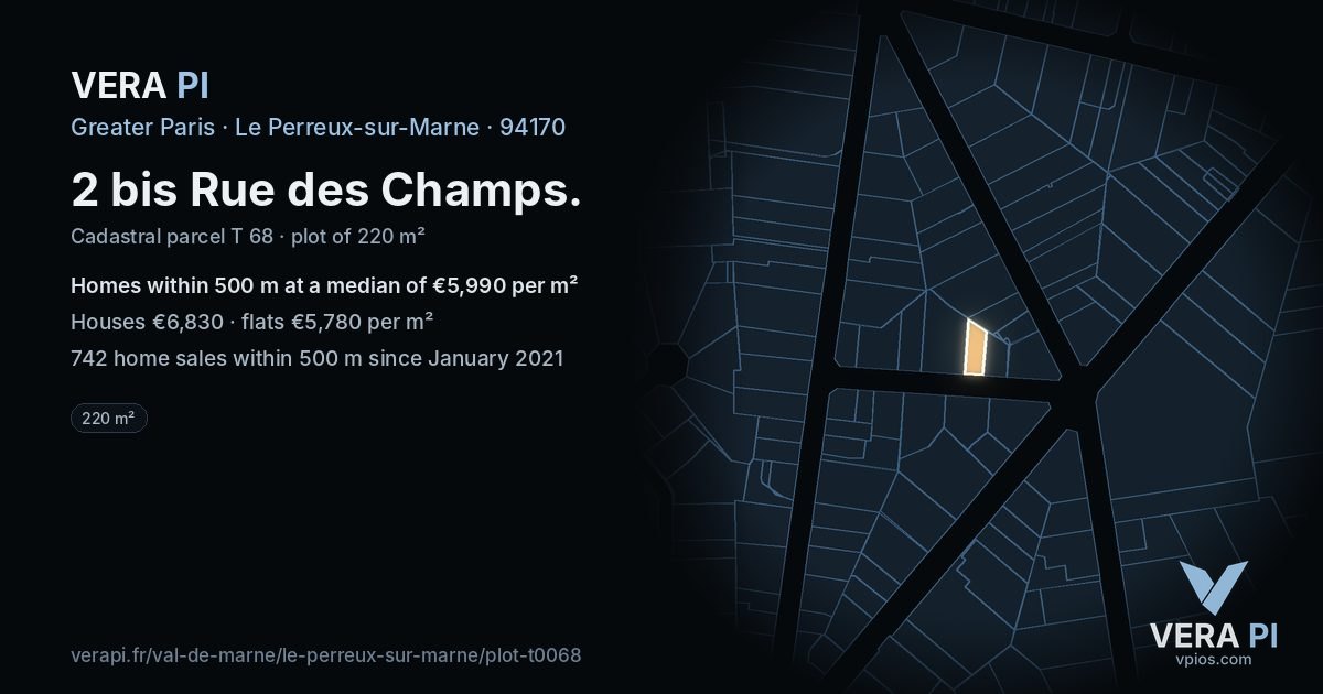 2 bis Rue des Champs, Le Perreux-sur-Marne at night – the plot lit, the parcels around coloured by the prices near them