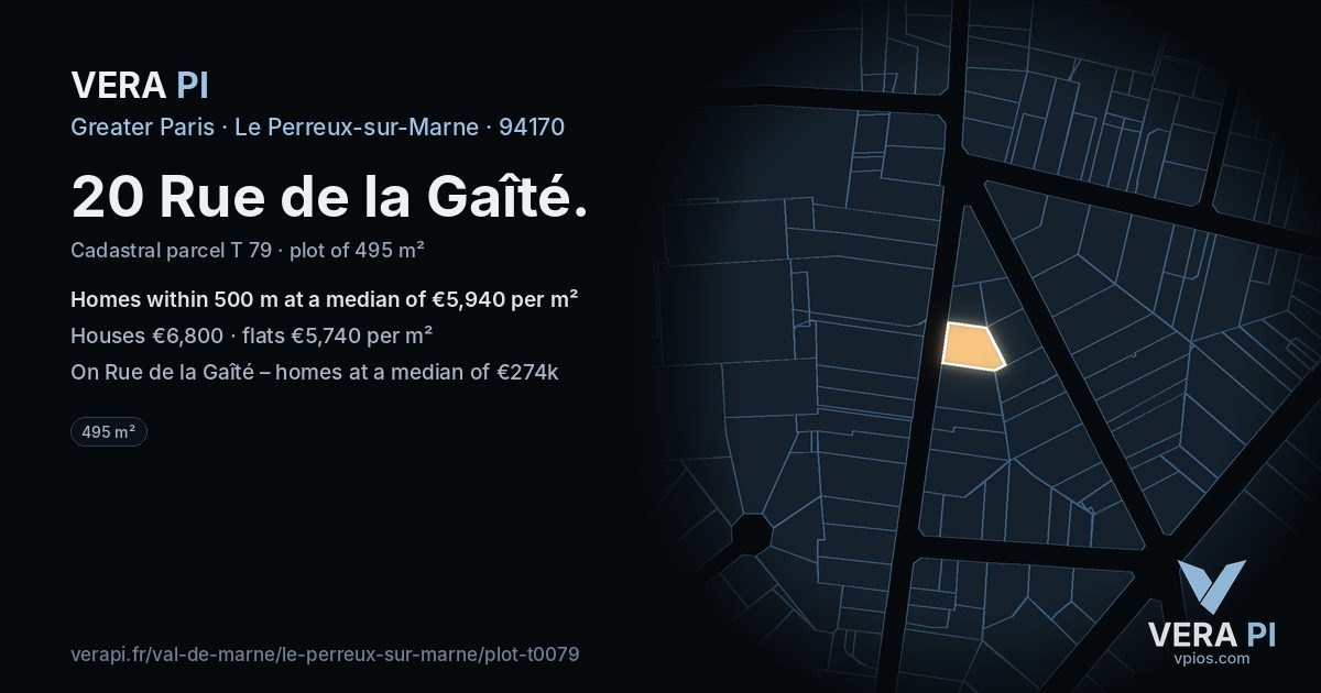 20 Rue de la Gaîté, Le Perreux-sur-Marne at night – the plot lit, the parcels around coloured by the prices near them