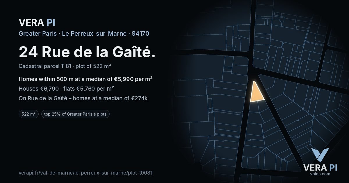 24 Rue de la Gaîté, Le Perreux-sur-Marne at night – the plot lit, the parcels around coloured by the prices near them