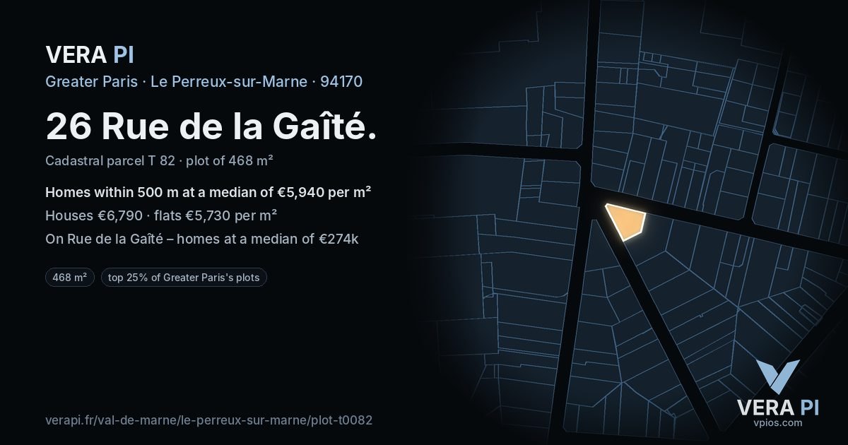 26 Rue de la Gaîté, Le Perreux-sur-Marne at night – the plot lit, the parcels around coloured by the prices near them