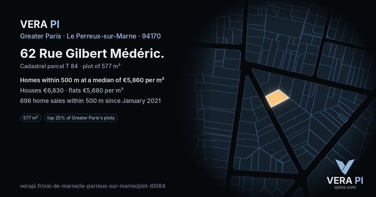 62 Rue Gilbert Médéric, Le Perreux-sur-Marne at night – the plot lit, the parcels around coloured by the prices near them