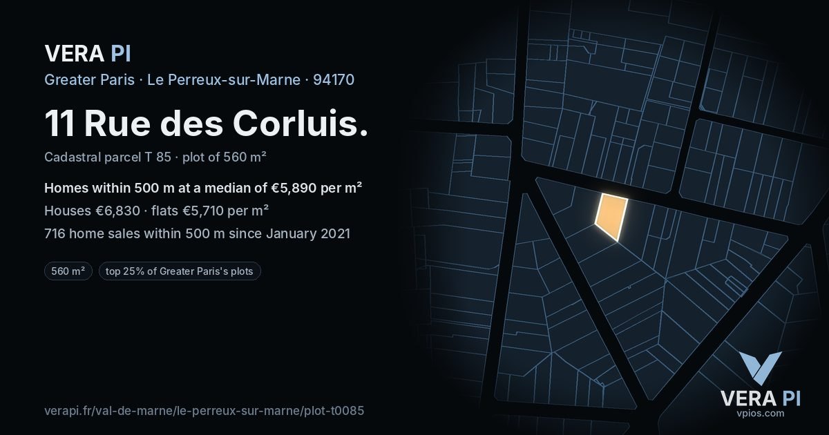 11 Rue des Corluis, Le Perreux-sur-Marne at night – the plot lit, the parcels around coloured by the prices near them