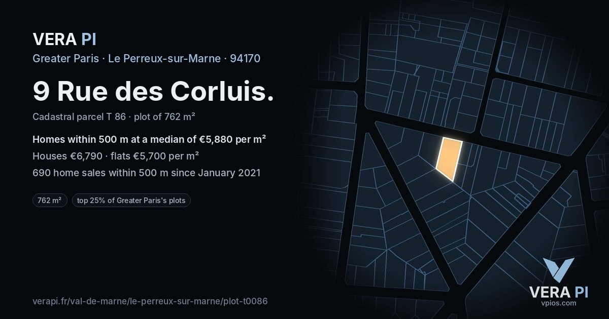 9 Rue des Corluis, Le Perreux-sur-Marne at night – the plot lit, the parcels around coloured by the prices near them