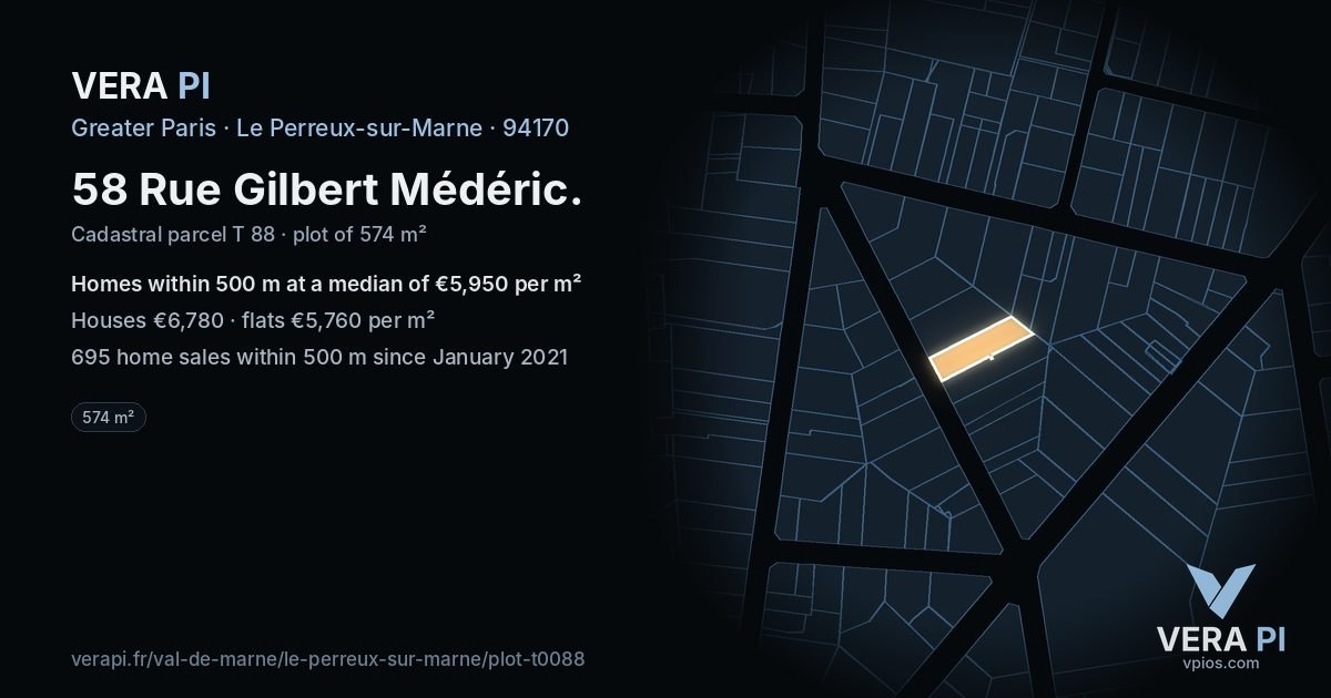 58 Rue Gilbert Médéric, Le Perreux-sur-Marne at night – the plot lit, the parcels around coloured by the prices near them