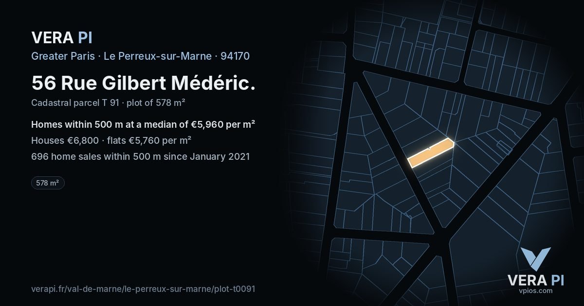 56 Rue Gilbert Médéric, Le Perreux-sur-Marne at night – the plot lit, the parcels around coloured by the prices near them