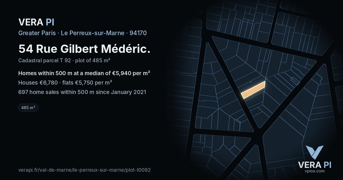 54 Rue Gilbert Médéric, Le Perreux-sur-Marne at night – the plot lit, the parcels around coloured by the prices near them