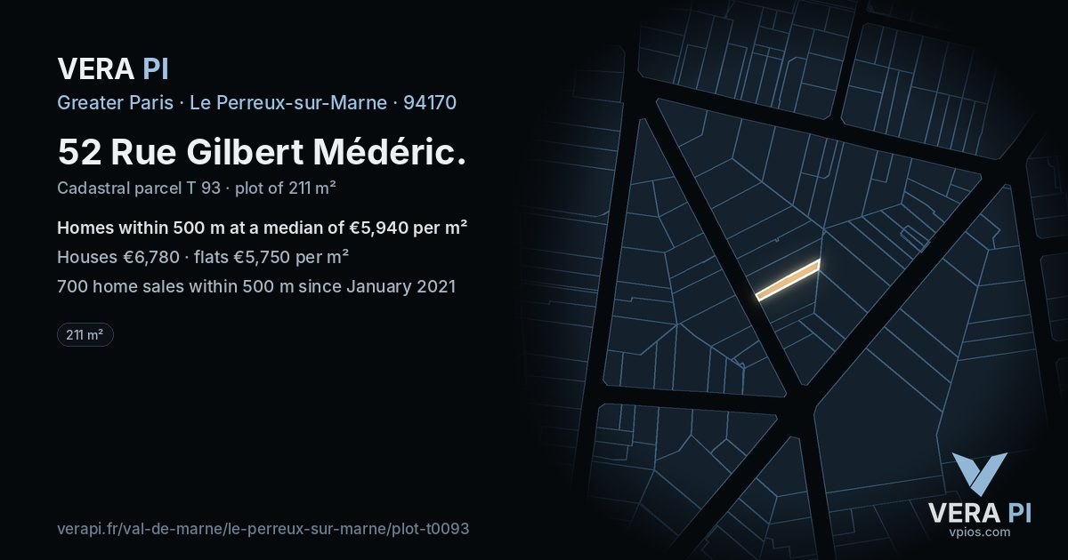 52 Rue Gilbert Médéric, Le Perreux-sur-Marne at night – the plot lit, the parcels around coloured by the prices near them