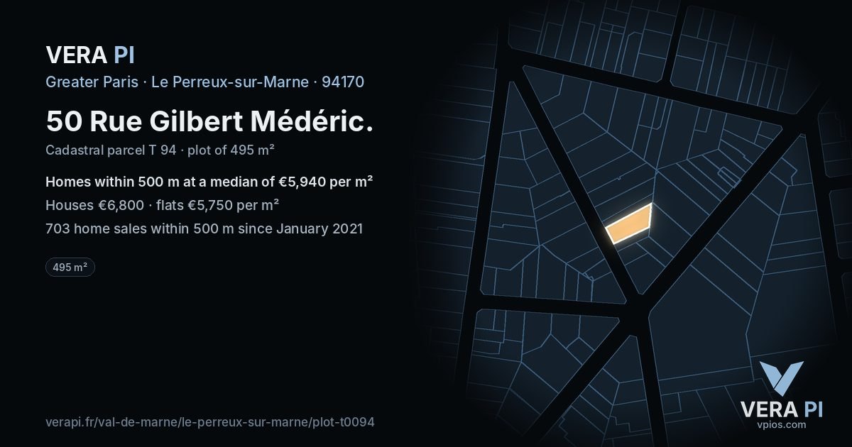 50 Rue Gilbert Médéric, Le Perreux-sur-Marne at night – the plot lit, the parcels around coloured by the prices near them