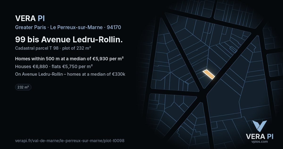 99 bis Avenue Ledru-Rollin, Le Perreux-sur-Marne at night – the plot lit, the parcels around coloured by the prices near them