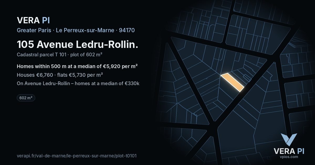 105 Avenue Ledru-Rollin, Le Perreux-sur-Marne at night – the plot lit, the parcels around coloured by the prices near them
