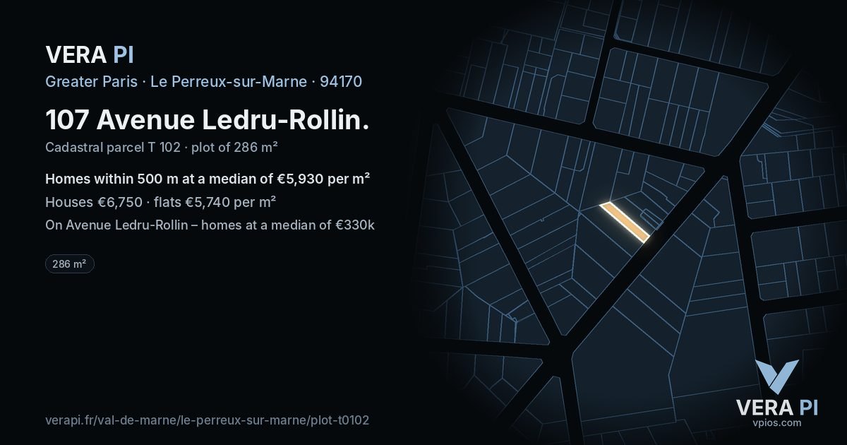 107 Avenue Ledru-Rollin, Le Perreux-sur-Marne at night – the plot lit, the parcels around coloured by the prices near them