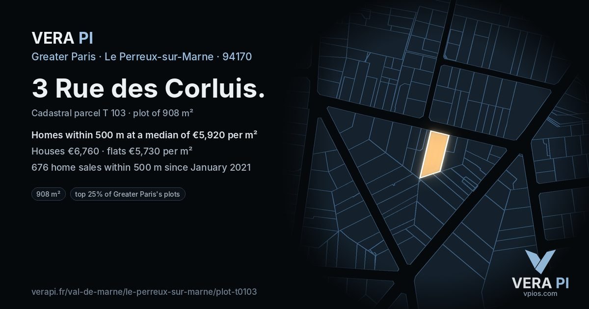 3 Rue des Corluis, Le Perreux-sur-Marne at night – the plot lit, the parcels around coloured by the prices near them