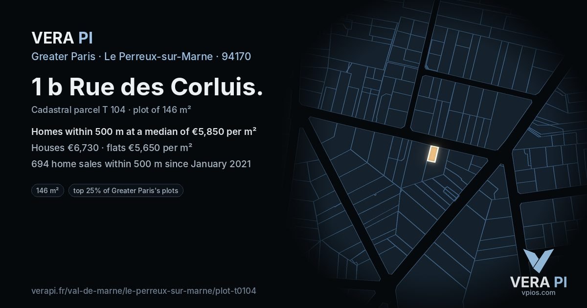 1 b Rue des Corluis, Le Perreux-sur-Marne at night – the plot lit, the parcels around coloured by the prices near them