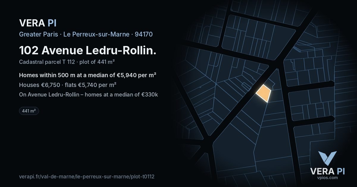 102 Avenue Ledru-Rollin, Le Perreux-sur-Marne at night – the plot lit, the parcels around coloured by the prices near them