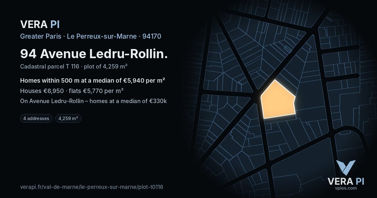 94 Avenue Ledru-Rollin, Le Perreux-sur-Marne at night – the plot lit, the parcels around coloured by the prices near them