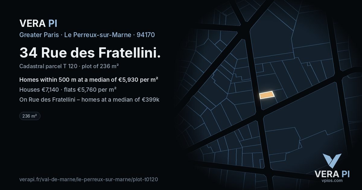 34 Rue des Fratellini, Le Perreux-sur-Marne at night – the plot lit, the parcels around coloured by the prices near them
