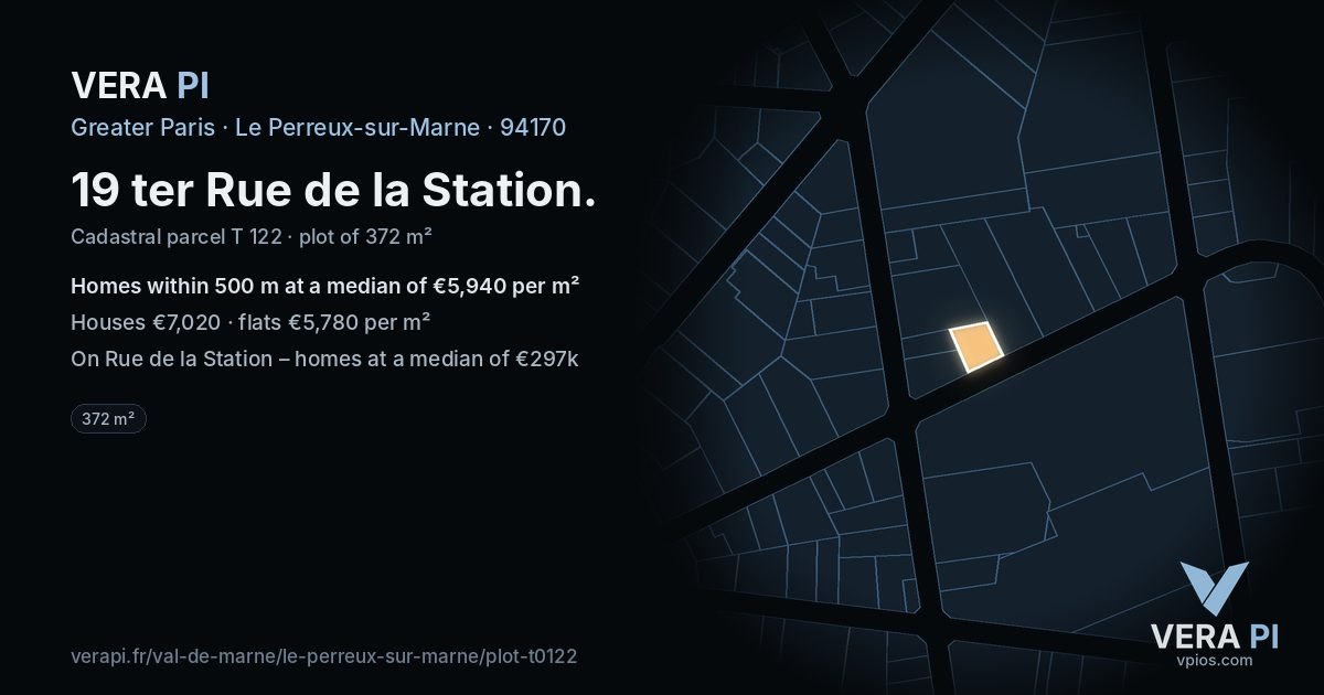 19 ter Rue de la Station, Le Perreux-sur-Marne at night – the plot lit, the parcels around coloured by the prices near them