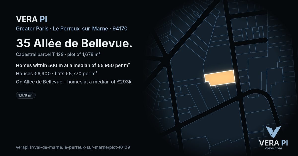 35 Allée de Bellevue, Le Perreux-sur-Marne at night – the plot lit, the parcels around coloured by the prices near them